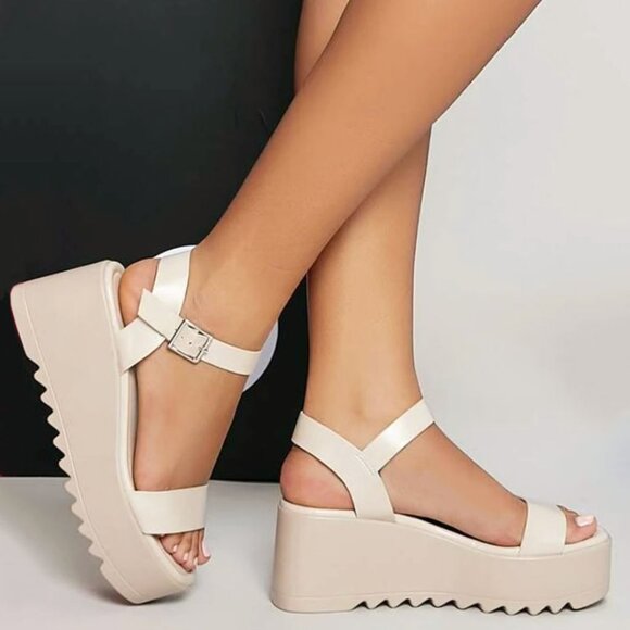 Shoes - New Ivory Beige Wide Band Platform Wedge Heel Sandals